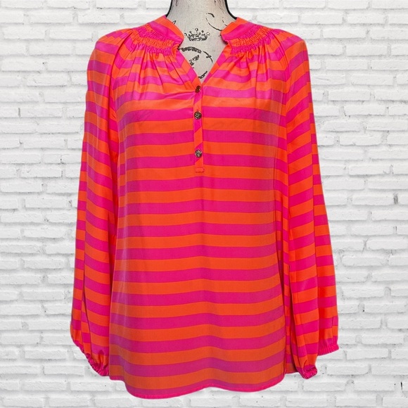 Lilly Pulitzer Pink and Orange Long Sleeve Relaxed Blouse with Mandarin Collar - Picture 1 of 7